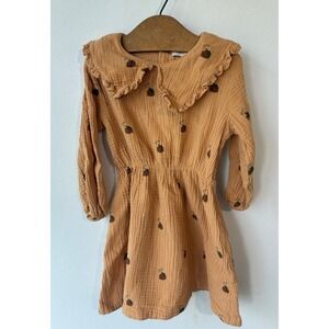 Tinycottons Gauze Cabin Fall Print Ruffle Collar Dress Girls 4Y Orange Excellent
